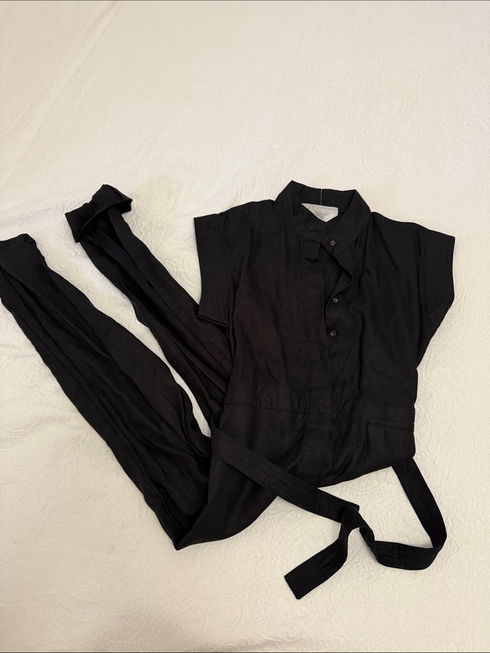 Acacia swimwear Structured Black Button-Front Jumpsuit with Waist Tie 100% Linen